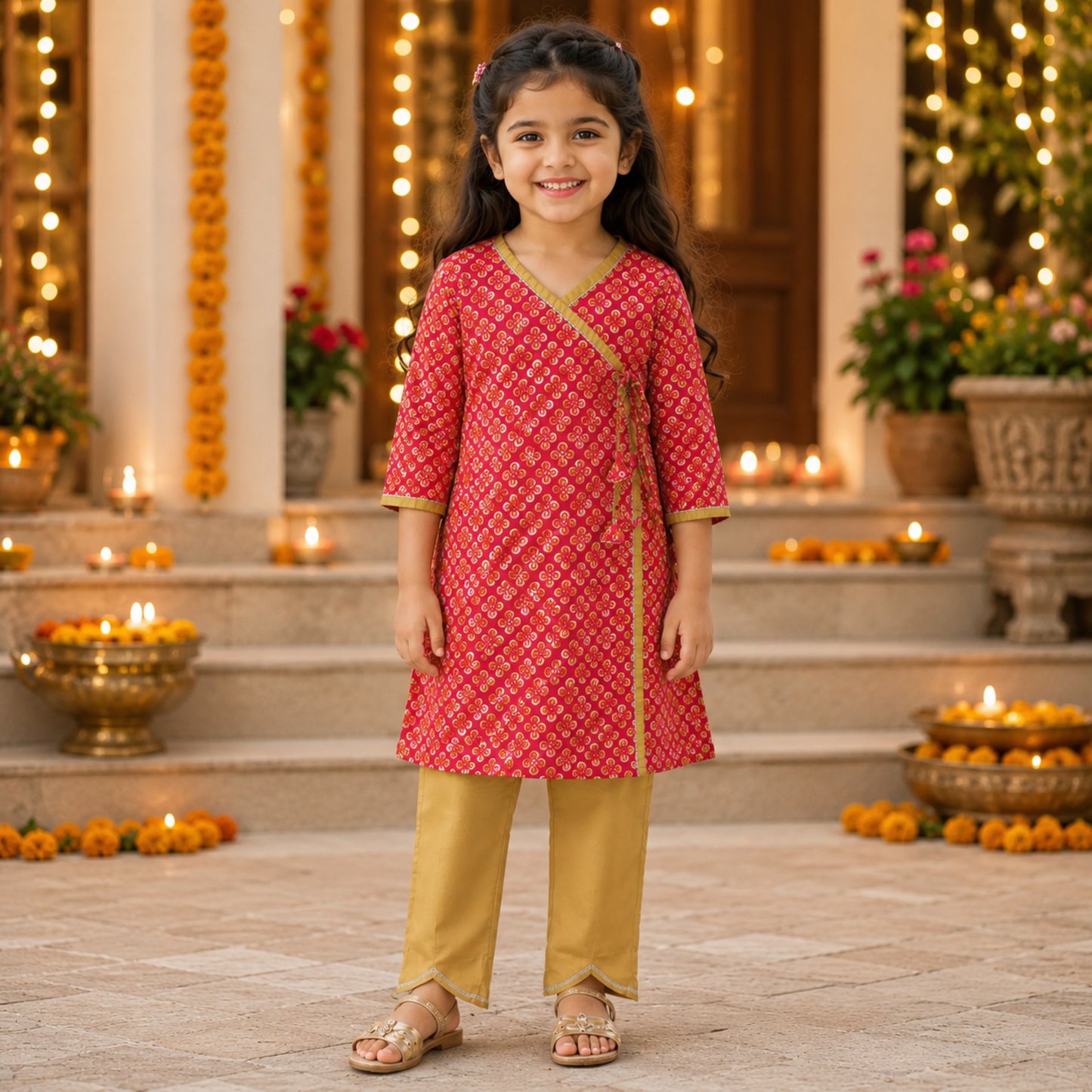 The Magic Wand Woven Three Fourth Sleeves Lace Embellished Angrakha Style Printed Kurta And Pant Set - Red