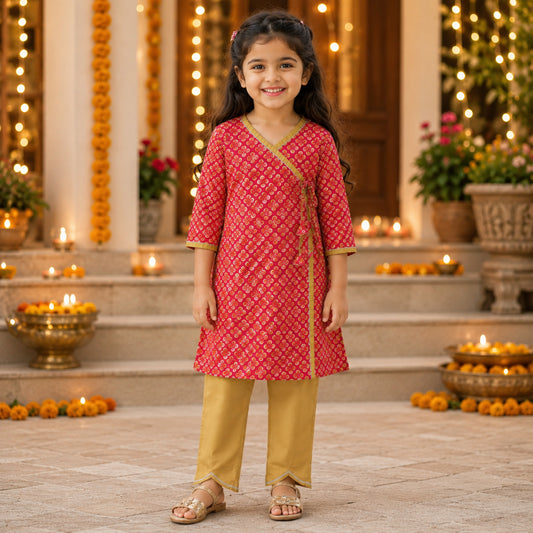 The Magic Wand Woven Three Fourth Sleeves Lace Embellished Angrakha Style Printed Kurta And Pant Set - Red