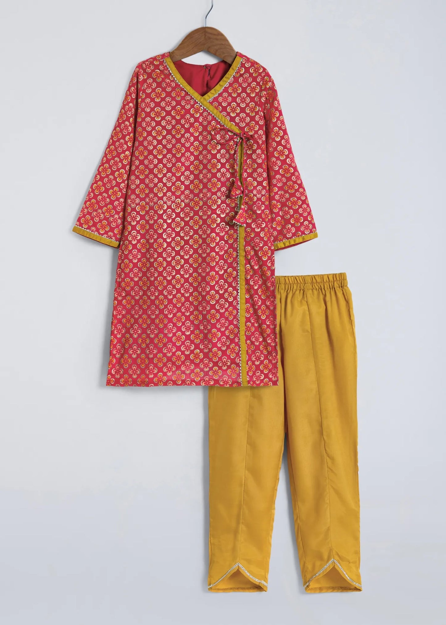 The Magic Wand Woven Three Fourth Sleeves Lace Embellished Angrakha Style Printed Kurta And Pant Set - Red