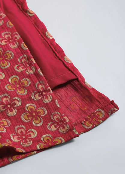 The Magic Wand Woven Three Fourth Sleeves Lace Embellished Angrakha Style Printed Kurta And Pant Set - Red