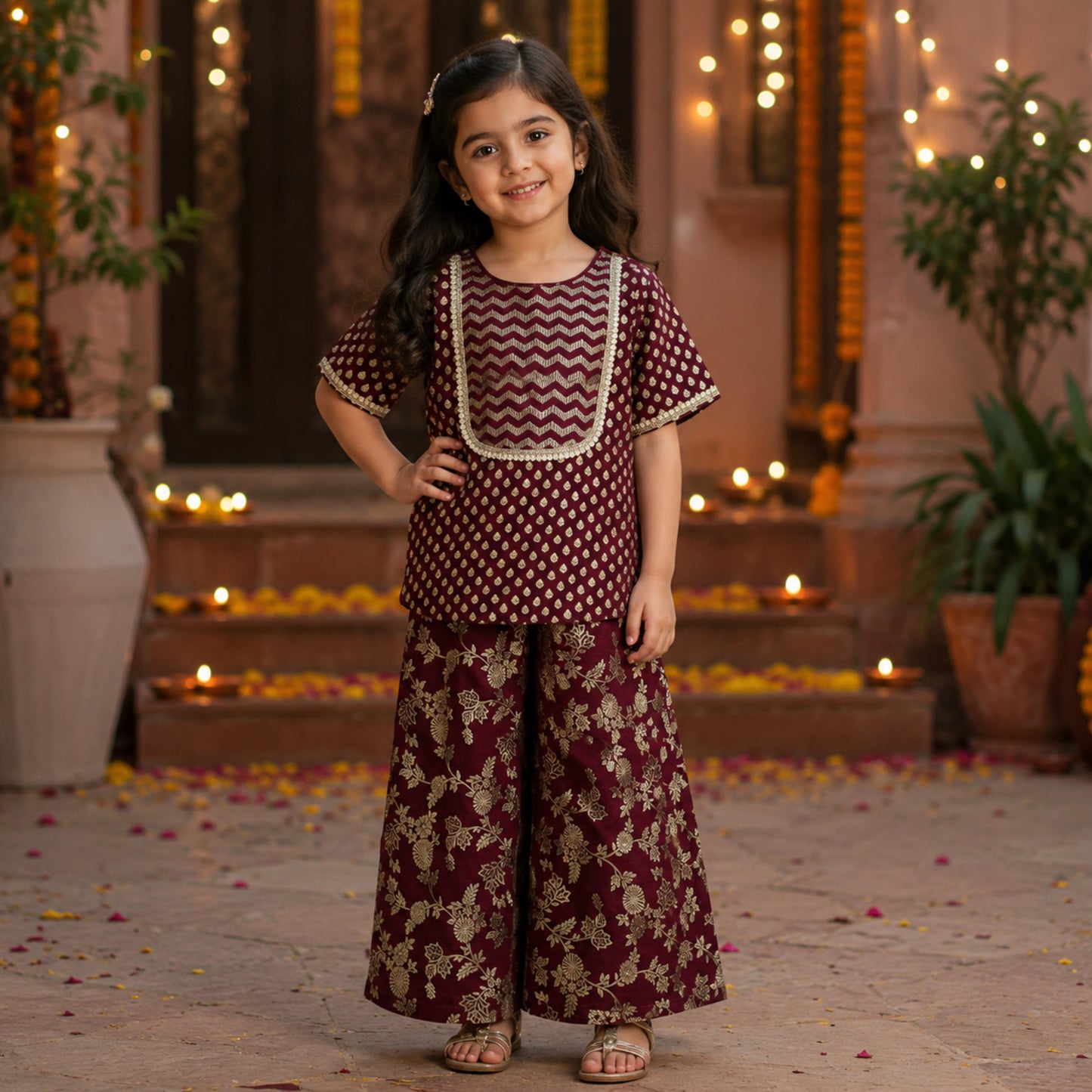 The Magic Wand Woven Ethnic Motif Printed Lace Kurta And Palazzo Set - Maroon
