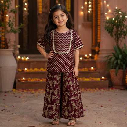 The Magic Wand Woven Ethnic Motif Printed Lace Kurta And Palazzo Set - Maroon