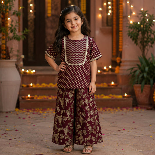 The Magic Wand Woven Ethnic Motif Printed Lace Kurta And Palazzo Set - Maroon