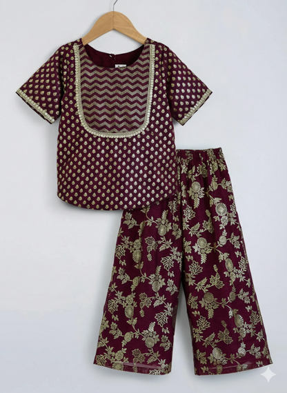 The Magic Wand Woven Ethnic Motif Printed Lace Kurta And Palazzo Set - Maroon