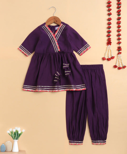 The Magic Wand Cambric Cotton Three Fourth Sleeves Solid Gota Lace Kurta and Bottom Set- Violet