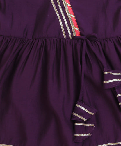 The Magic Wand Cambric Cotton Three Fourth Sleeves Solid Gota Lace Kurta and Bottom Set- Violet