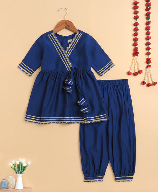 The Magic Wand Cambric Cotton Three Fourth Sleeves Solid Gota Lace Kurta and Bottom Set- Royal Blue