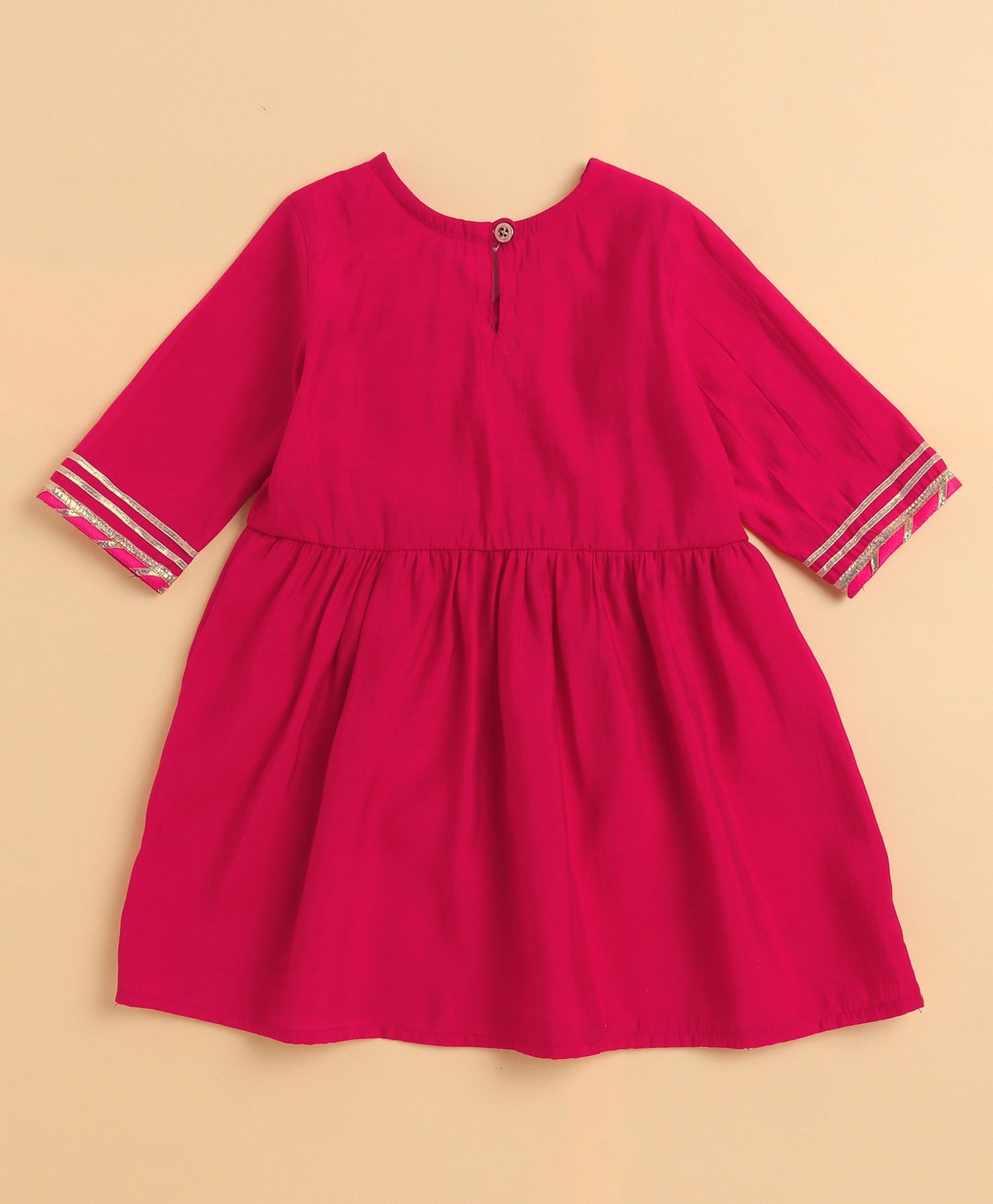 The Magic Wand Cambric Cotton Three Fourth Sleeves Solid  Gota Lace Kurta and Bottom Set- Fuchisa