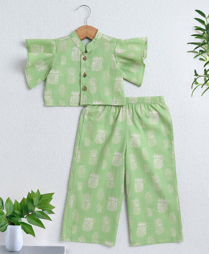 The Magic Wand Cotton Woven Frill Sleeves Pineapple Printed Top & Palazzo Set - Light Green