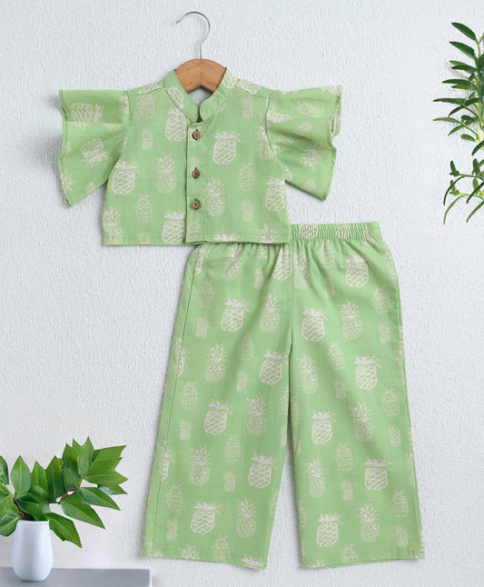 The Magic Wand Cotton Woven Frill Sleeves Pineapple Printed Top & Palazzo Set - Light Green
