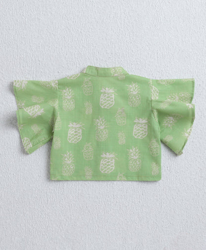 The Magic Wand Cotton Woven Frill Sleeves Pineapple Printed Top & Palazzo Set - Light Green