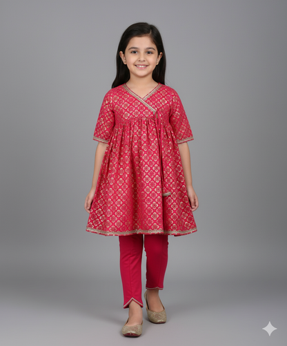 Three Forth Sleeves Multi Color Foil Printed Kurti & Pant Set- Fuchsia