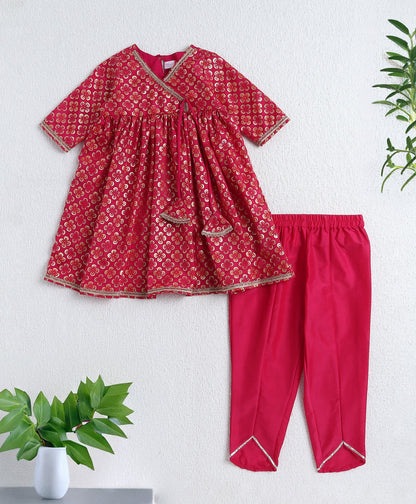 The Magic Wand Woven Three Forth Sleeves Multi Color Foil Printed Kurti & Pant Set- Fuchsia