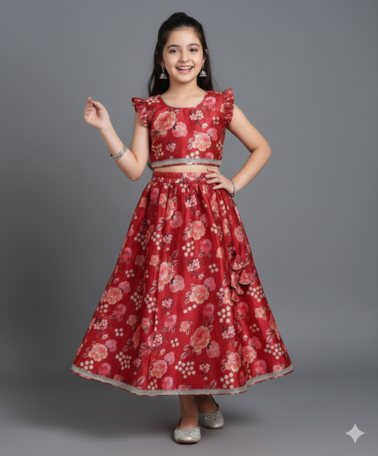 Frill Slevees Digital Printed Choli and Lehenga set with Dupatta- Maroon