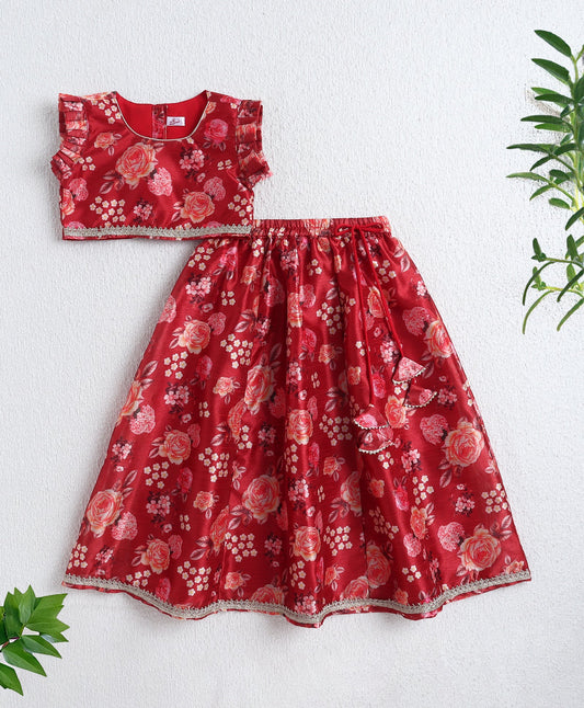 The Magic Wand Woven Frill Slevees Digital Printed Choli and Lehenga set with Dupatta- Maroon
