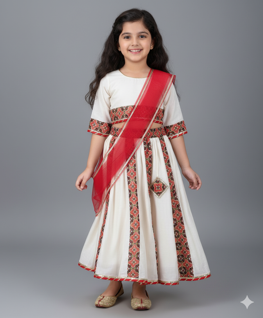 Solid Printed Three Fourth Sleeeves Choli and Lehenga Set with Dupatta- White