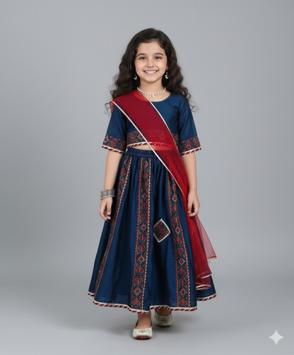 Solid Printed Three Fourth Sleeeves Choli and Lehenga Set with Dupatta- Teal Blue
