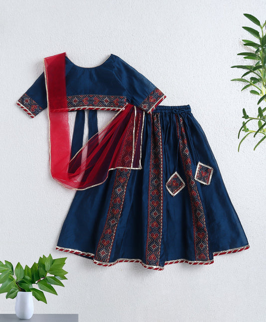 The Magic Wand Woven Solid PrintedThree Fourth Sleeeves Choli and Lehenga Set with Dupatta- Teal Blue