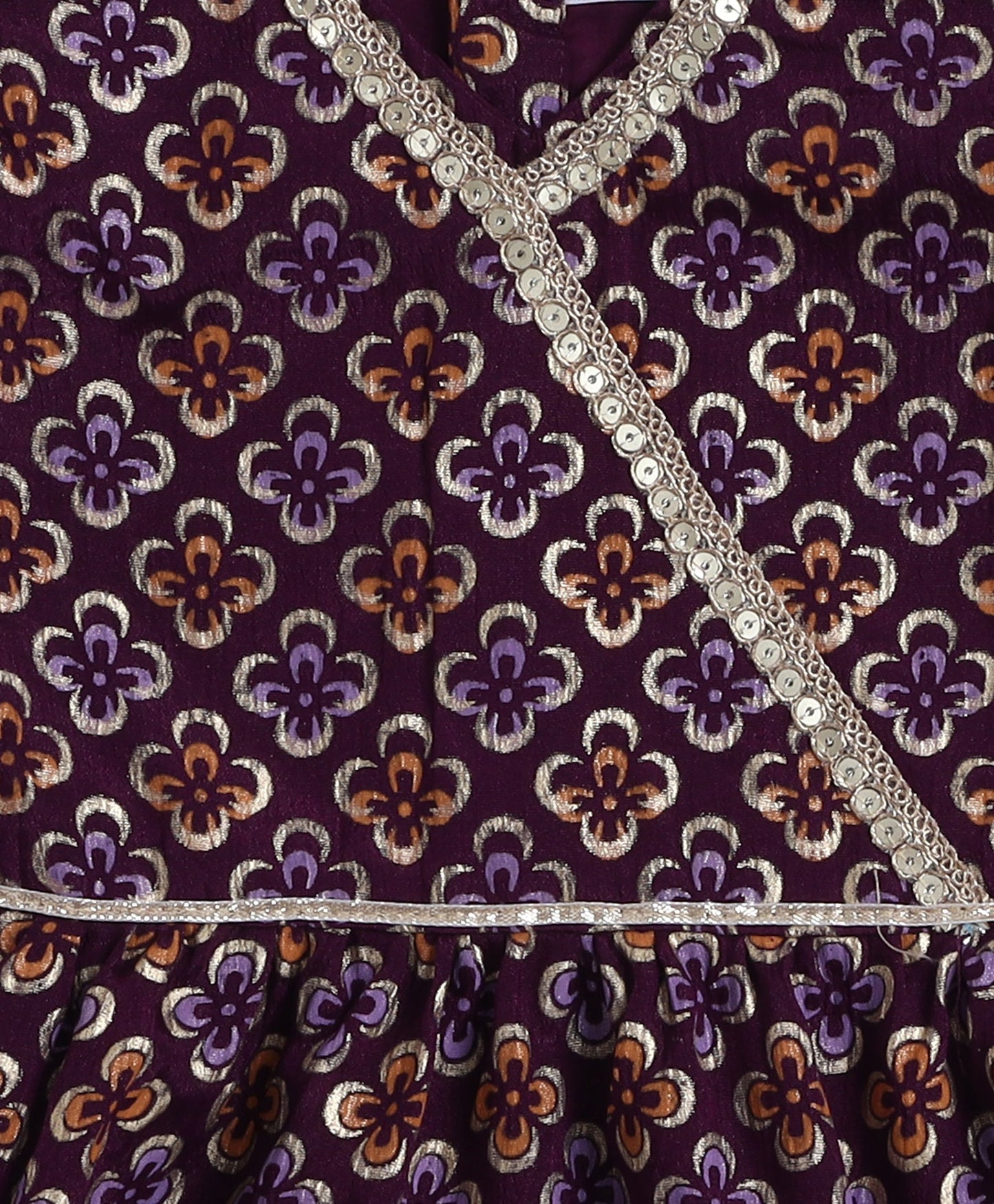 Woven 3/4th Sleeves Floral Foil Kurti with Bottom Set- Wine