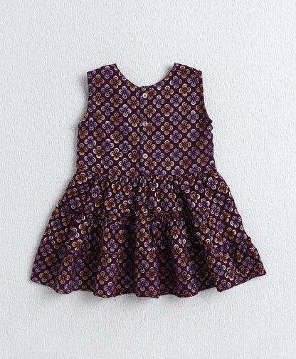 Woven 3/4th Sleeves Floral Foil Kurti with Bottom Set- Wine