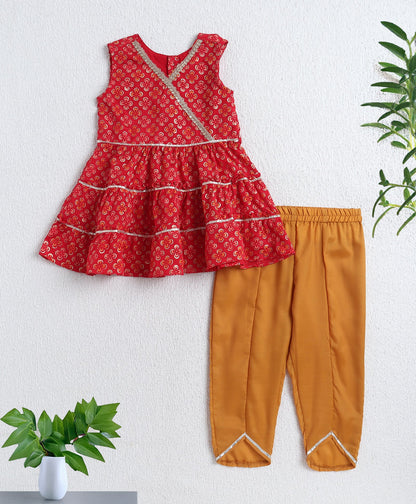 Woven 3/4th Sleeves Floral Foil Kurti with Bottom Set- Red
