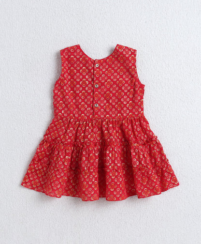 Woven 3/4th Sleeves Floral Foil Kurti with Bottom Set- Red