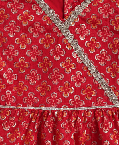 Woven Three Fourth Sleeves Floral Foil Kurti with Bottom Set- Red