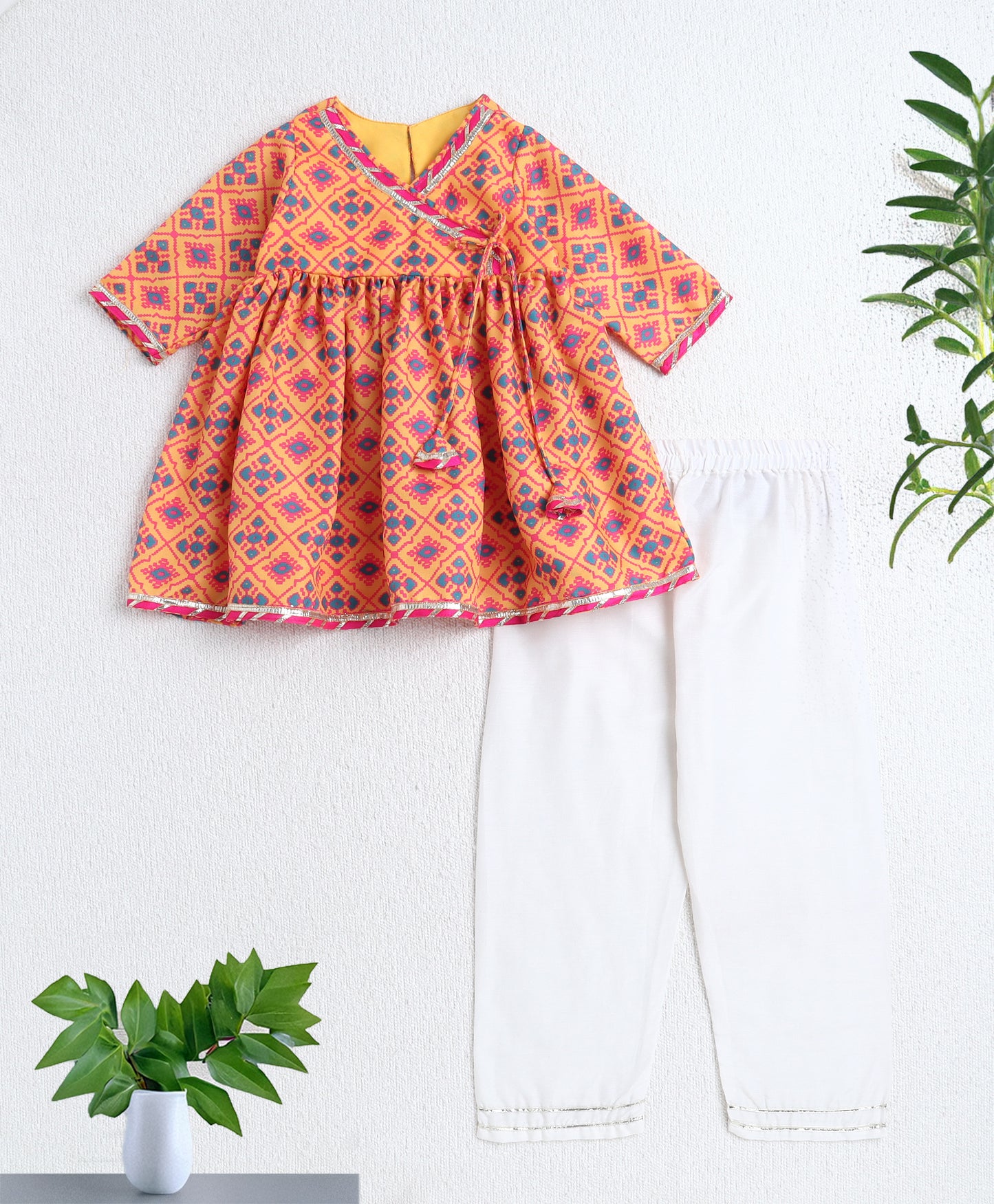 The Magic Wand Woven Three Fourth Sleeves Digital Printed Kurti and Bottom Set Yellow