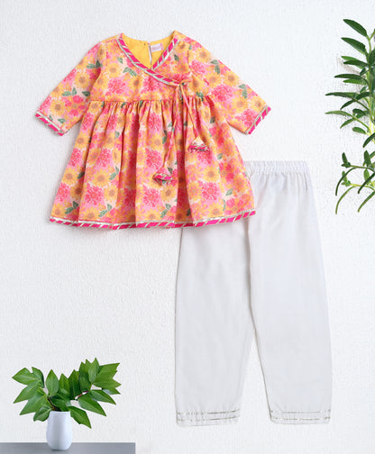 The Magic Wand Woven Three Fourth Sleeves Digital Printed Kurti and Bottom Set Yellow