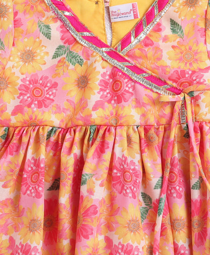 The Magic Wand Woven Three Fourth Sleeves Digital Printed Kurti and Bottom Set Yellow