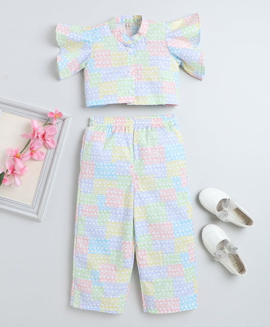 Cotton Woven Frill Sleeves All Over Printed Collar Top and Co-Ordinating Pant Set- Multi Color