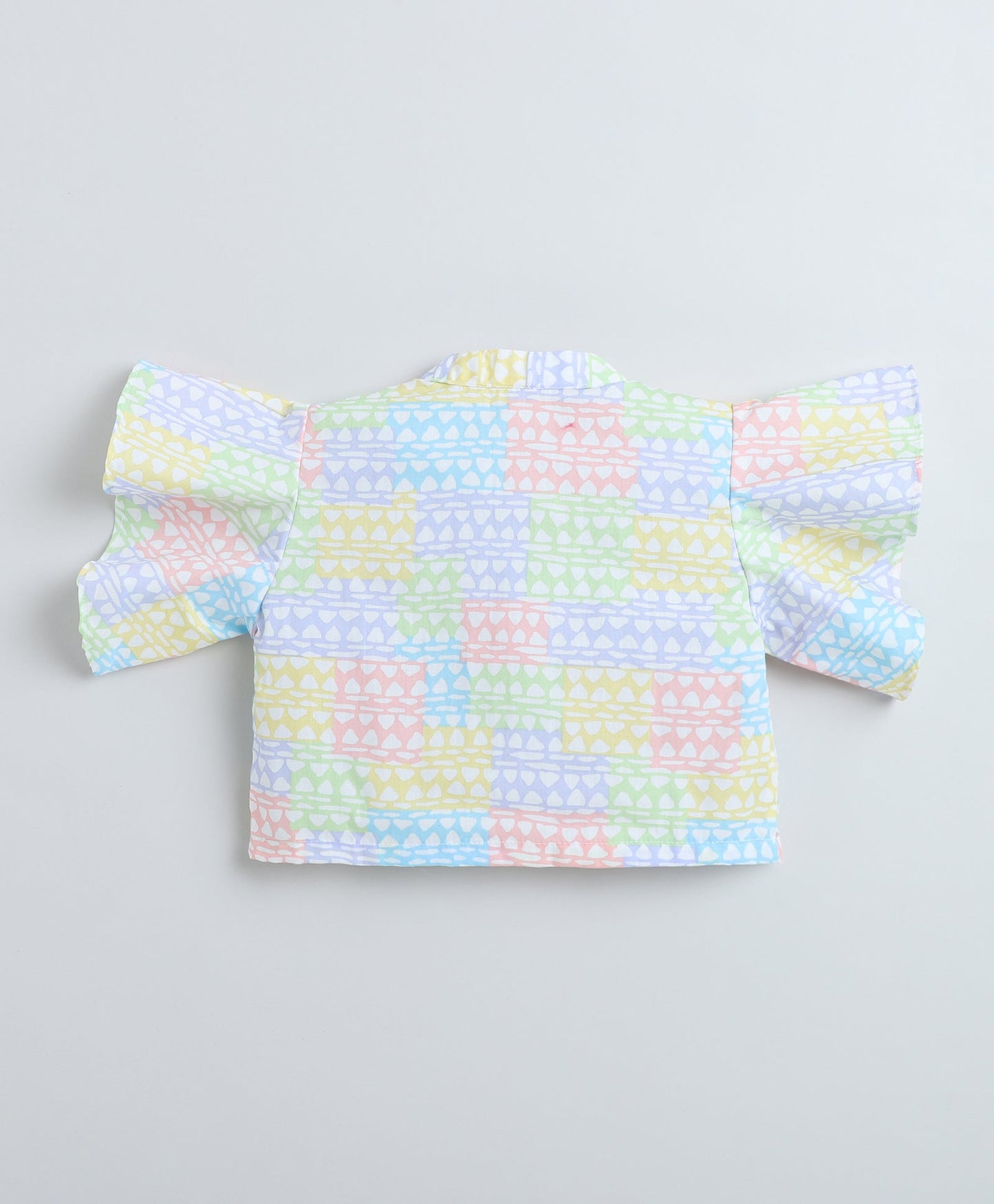 Cotton Woven Frill Sleeves All Over Printed Collar Top and Co-Ordinating Pant Set- Multi Color