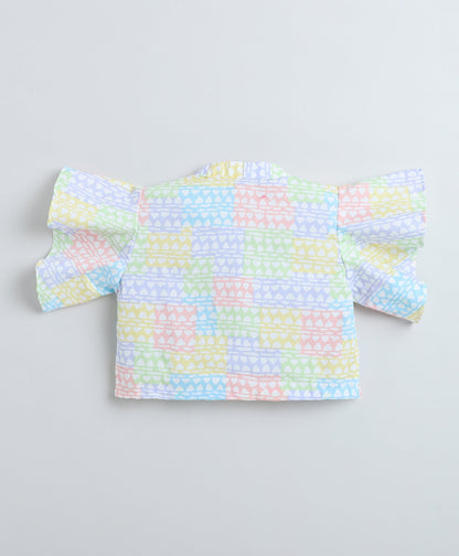 Cotton Woven Frill Sleeves All Over Printed Collar Top and Co-Ordinating Pant Set- Multi Color