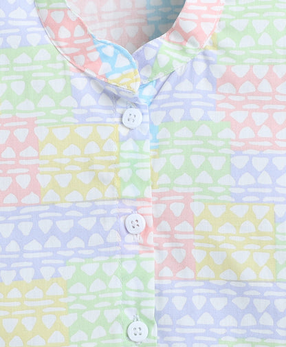 Cotton Woven Frill Sleeves All Over Printed Collar Top and Co-Ordinating Pant Set- Multi Color