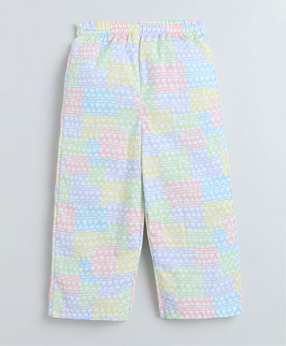 Cotton Woven Frill Sleeves All Over Printed Collar Top and Co-Ordinating Pant Set- Multi Color