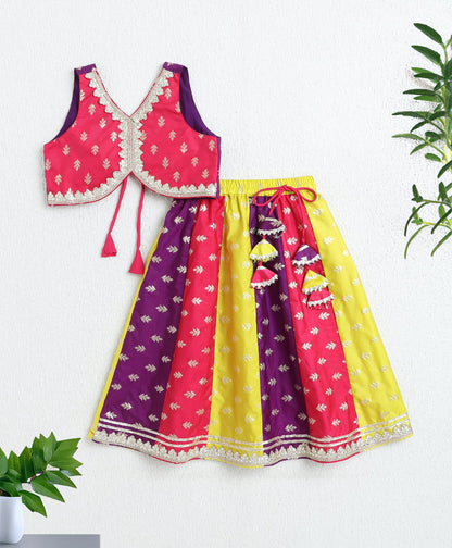 Woven Sleeveless Leaf Motif Printed With Gota Lace Embellished Choli and Kali Lehenga Set-Multi Color