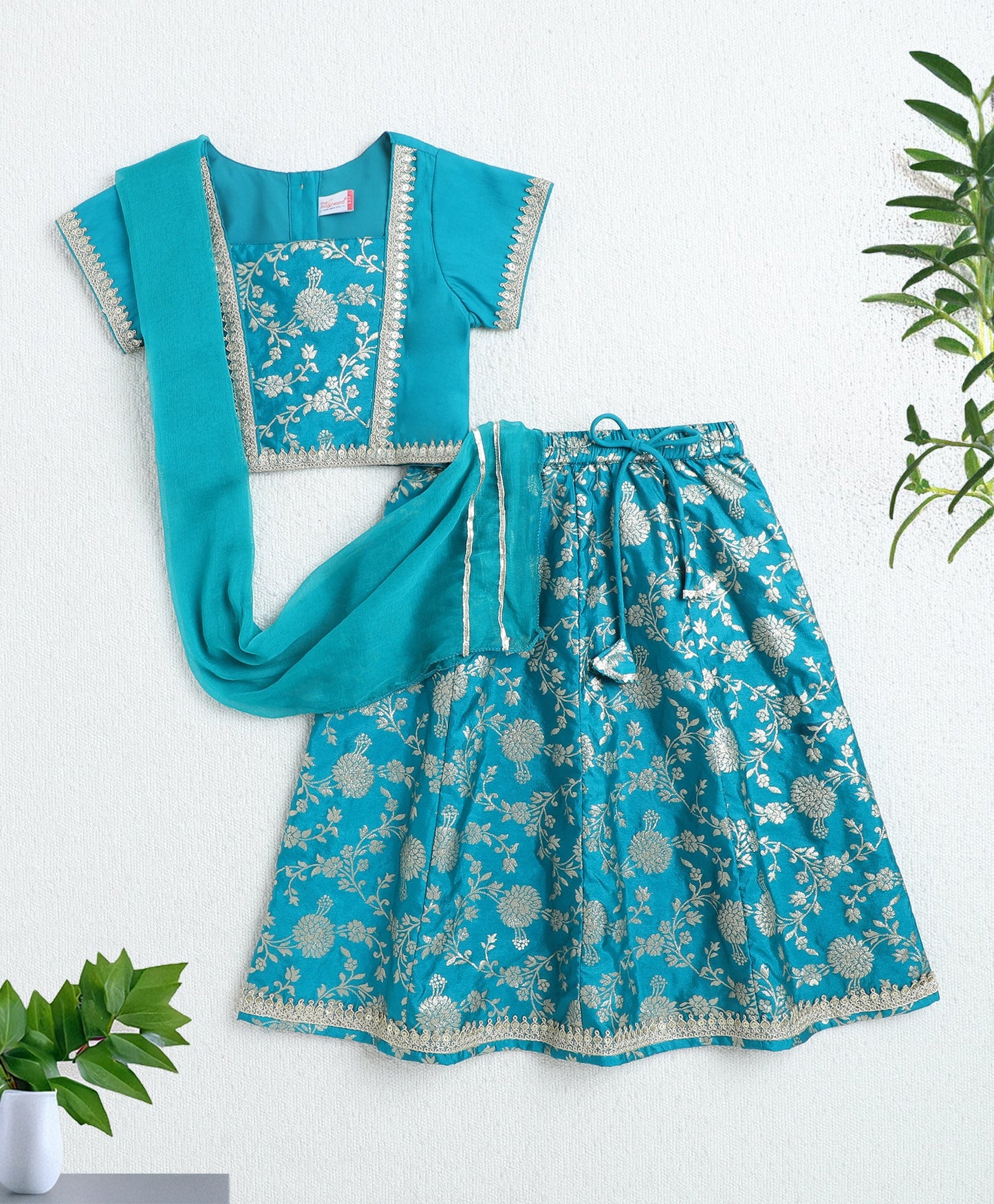 Woven Short Sleeves Floral Printed With Gota Lace Embellished Lehenga Choli Set With Dupatta-Turquoise Blue