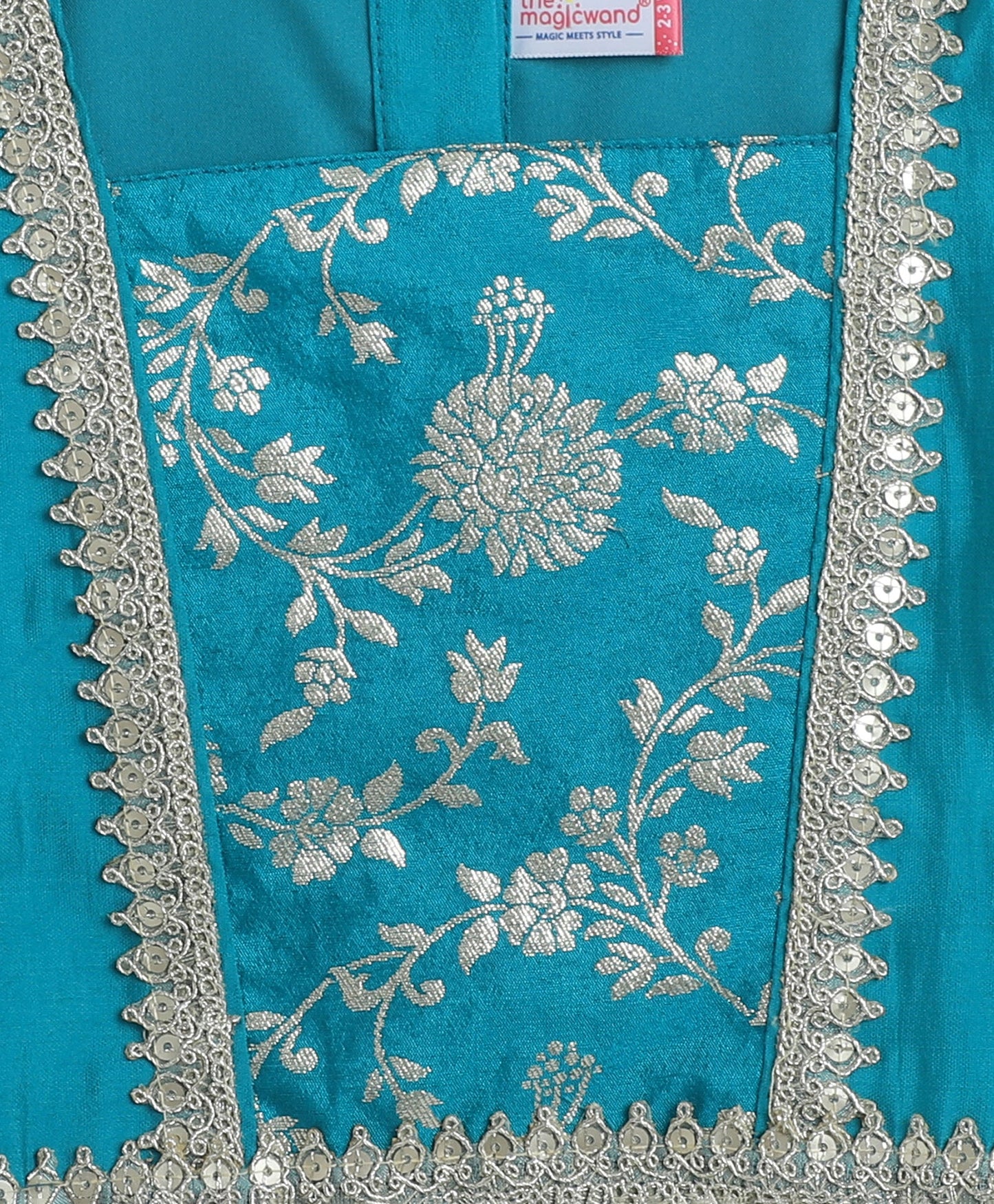 Woven Short Sleeves Floral Printed With Gota Lace Embellished Lehenga Choli Set With Dupatta-Turquoise Blue