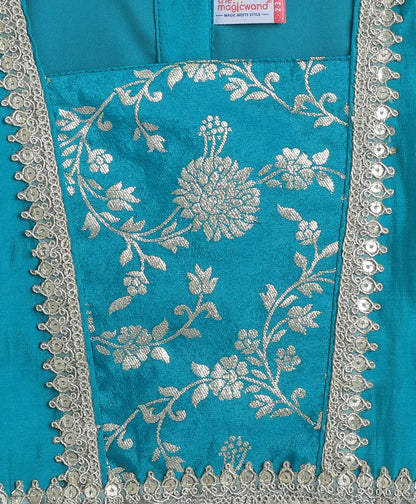 Woven Short Sleeves Floral Printed With Gota Lace Embellished Lehenga Choli Set With Dupatta-Turquoise Blue