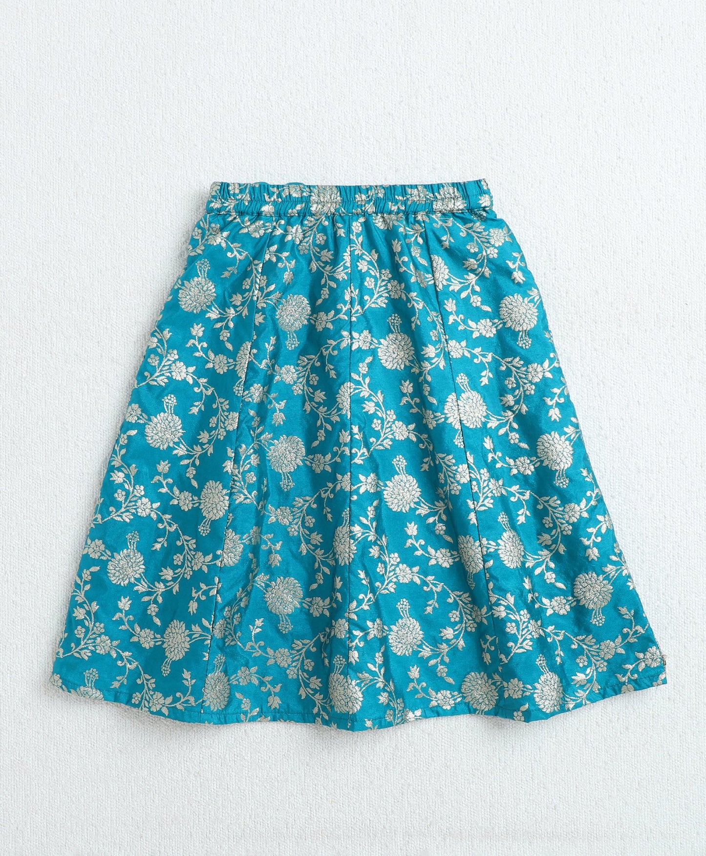 Woven Short Sleeves Floral Printed With Gota Lace Embellished Lehenga Choli Set With Dupatta-Turquoise Blue