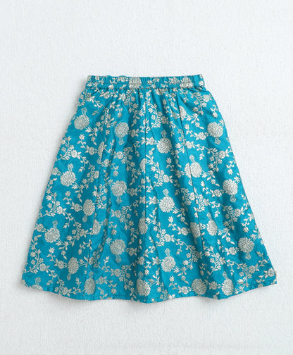 Woven Short Sleeves Floral Printed With Gota Lace Embellished Lehenga Choli Set With Dupatta-Turquoise Blue