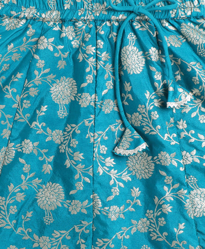 Woven Short Sleeves Floral Printed With Gota Lace Embellished Lehenga Choli Set With Dupatta-Turquoise Blue