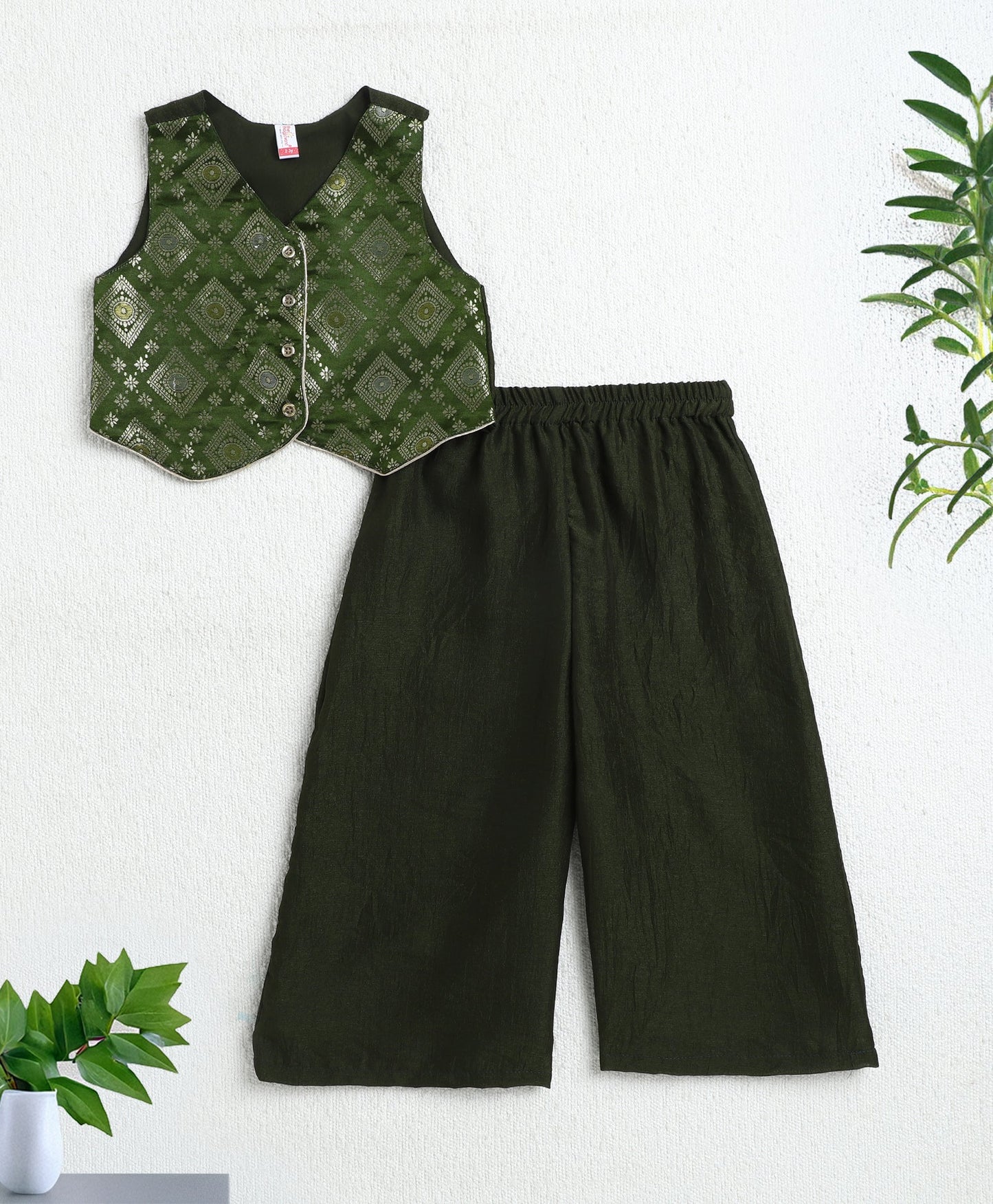 Jacquard Woven Sleeveless Waist Coat Top with Palazzo Set-Olive Green
