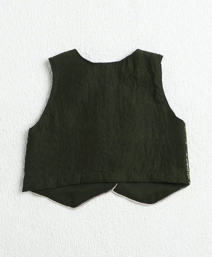 Jacquard Woven Sleeveless Waist Coat Top with Palazzo Set-Olive Green