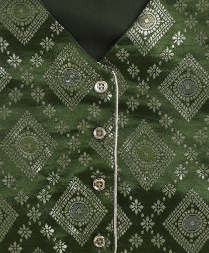 Jacquard Woven Sleeveless Waist Coat Top with Palazzo Set-Olive Green