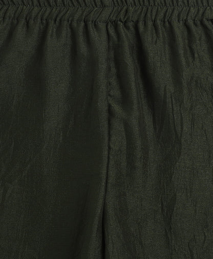 Jacquard Woven Sleeveless Waist Coat Top with Palazzo Set-Olive Green