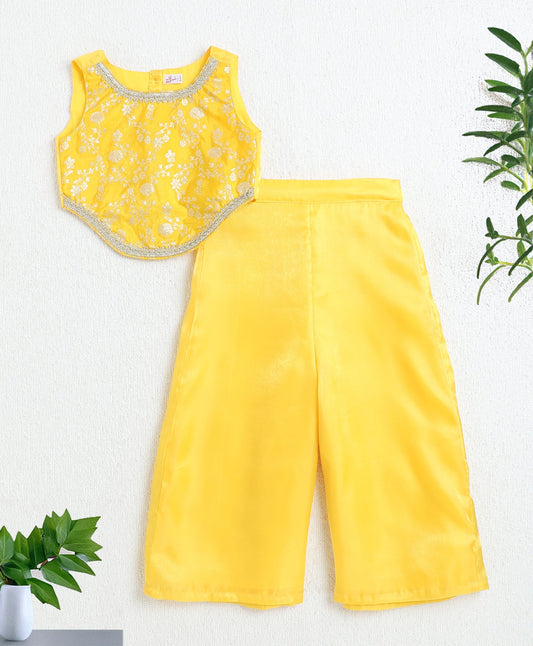 Woven Sleeveless Foil Printed With Gota Lace Embellished Top with Palazzo Set-Yellow