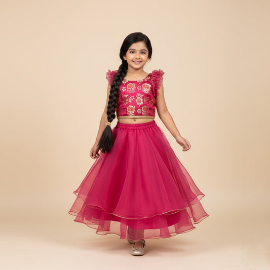 The Magic Wand Woven Ruffle Sleeves Jacquard Top With Double Layer Organza Long Skirt Set - Fuchsia