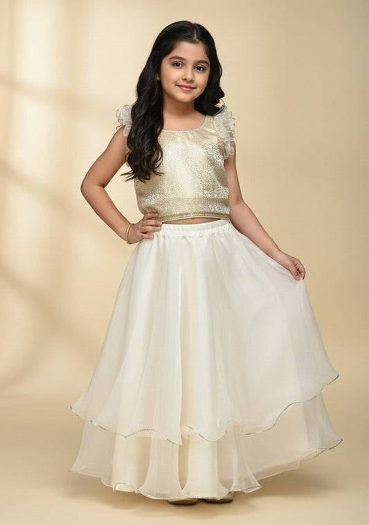 The Magic Wand Woven Ruffle Sleeves Jacquard Top With Double Layer Organza Long Skirt Set - Off White