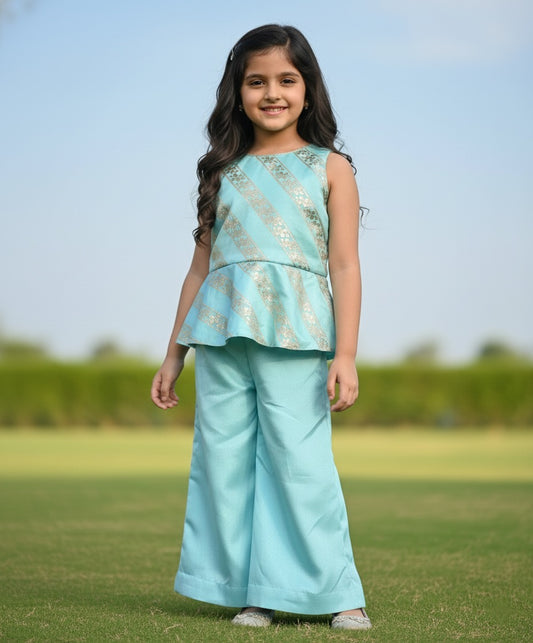 The Magic Wand Jacquard Sleeveless Top With Palazzo Set - Blue